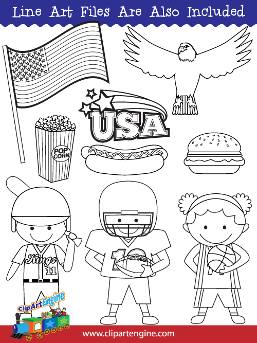 Black and white line art files are also included as part of this collection of American clip art.