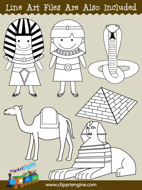 Black and white line art files are also included as part of this collection of ancient Egypt clip art.