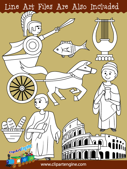 Black and white line art files are also included as part of this collection of ancient Rome clip art.