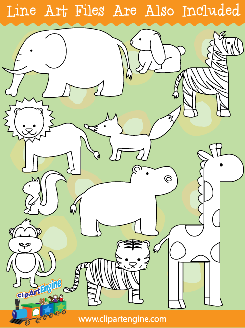 Black and white line art files are also included as part of this collection of animal clip art.