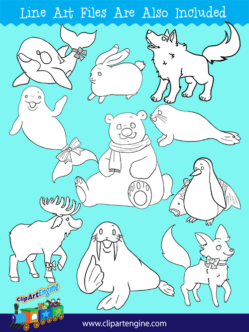 Black and white line art files are also included as part of this collection of arctic animals clip art.