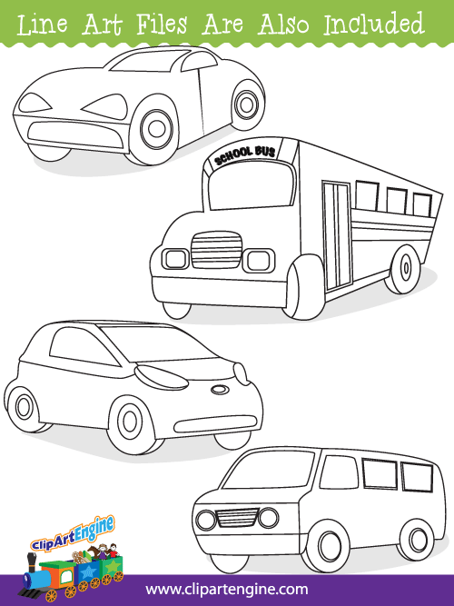 Black and white line art files are also included as part of this collection of automobile clip art.