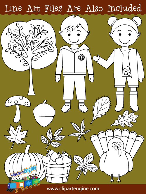 Black and white line art files are also included as part of this collection of autumn clip art.