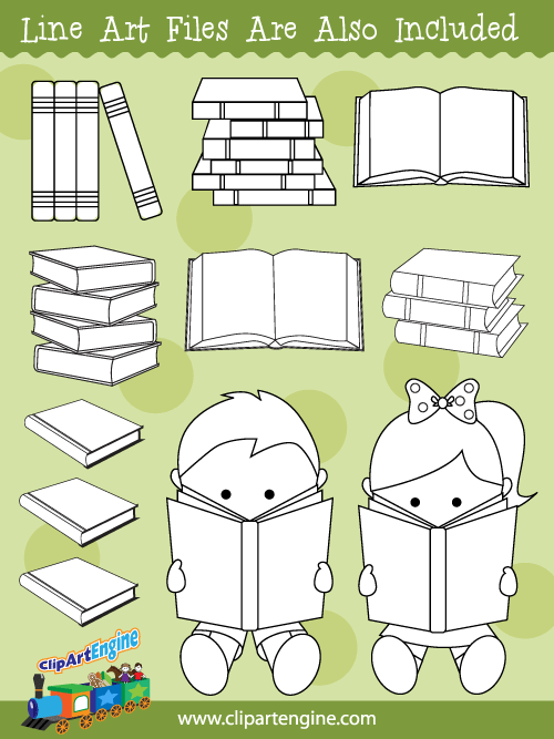 Black and white line art files are also included as part of this collection of books clip art.