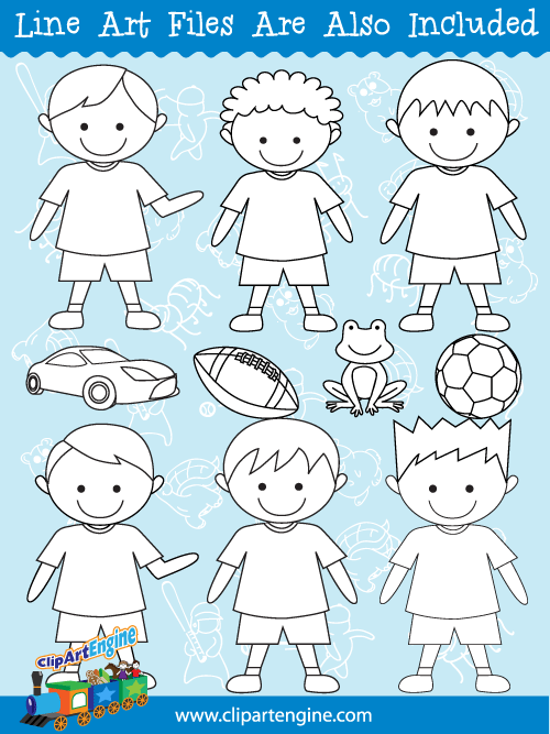 Black and white line art files are also included as part of this collection of boys clip art.