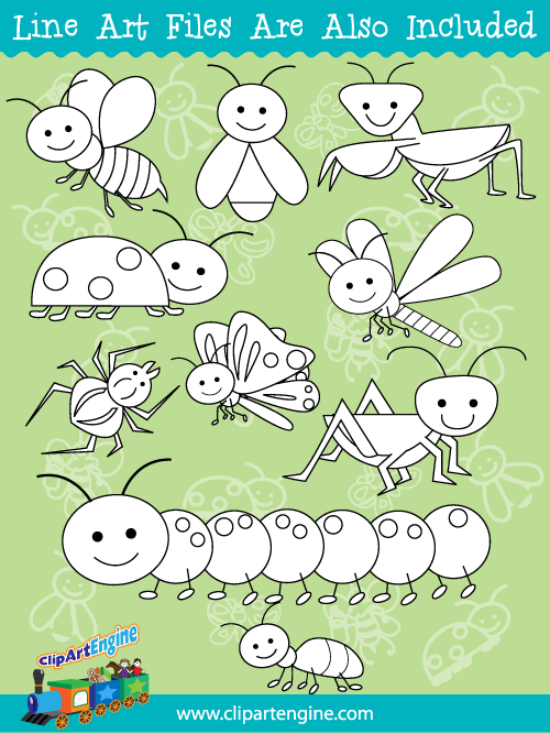 Black and white line art is also included as part of this collection of bugs clip art.