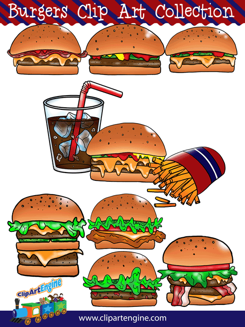 Burgers Clip Art Collection is a set of royalty free graphics that includes a personal and commercial use license.