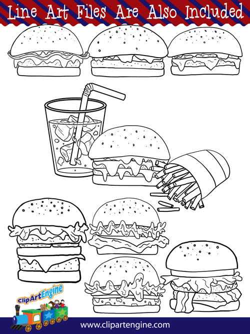 Black and white line art files are also included as part of this collection of burgers clip art.