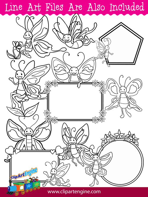 Black and white line art files are also included as part of this collection of butterfly clip art.