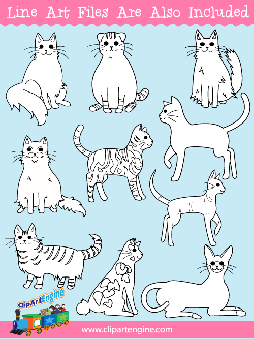 Black and white line art files are also included as part of this collection of cat clip art.