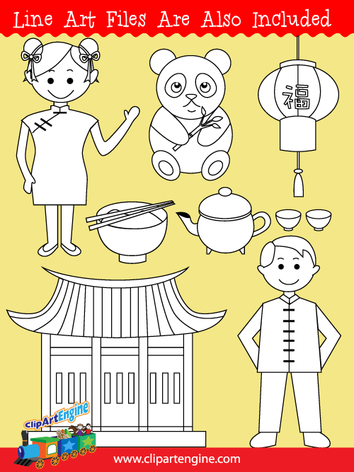 Black and white line art files are also included as part of this collection of China clip art.
