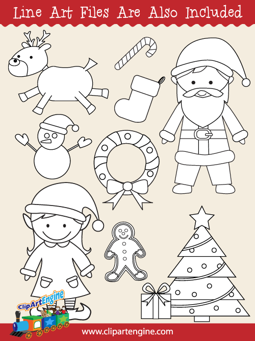 Black and white line art files are also included as part of this collection of Christmas clip art.