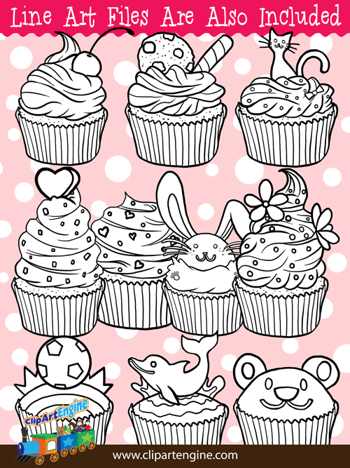 Black and white line art files are also included as part of this collection of cupcakes clip art.