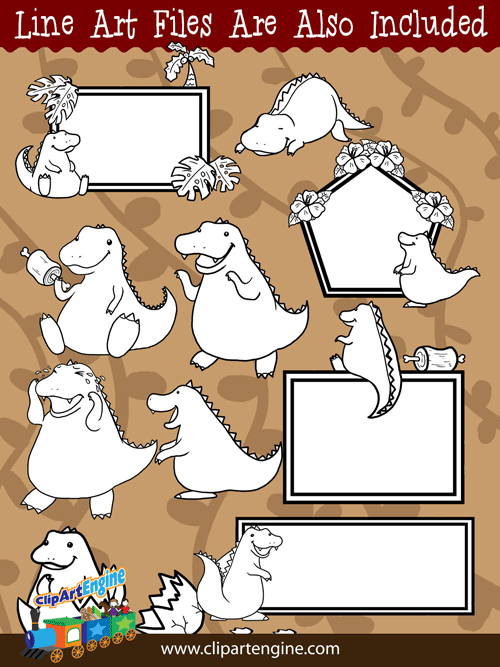 Black and white line art files are also included as part of this collection of cute dinosaur clip art.