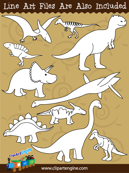 Black and white line art files are also included as part of this collection of dinosaur clip art.