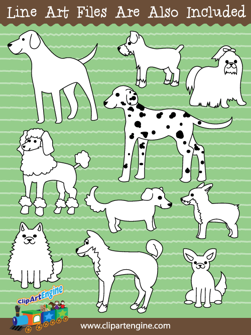 Black and white line art files are also included as part of this collection of dog clip art.