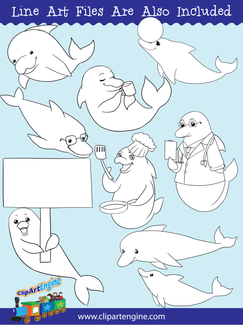 Black and white line art files are also included as part of this collection of dolphin clip art.