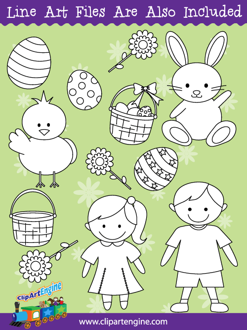 Black and white line art files are also included as part of this collection of Easter clip art.