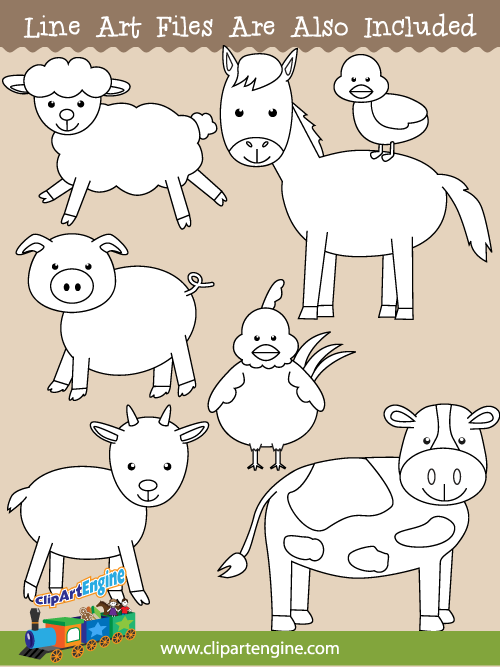 Black and white line art files are also included as part of this collection of farm animals clip art