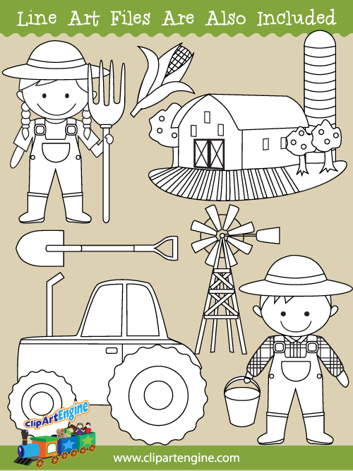 Black and white line art files are also included as part of this collection of farm clip art.