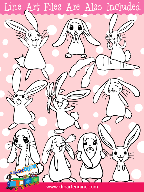 Black and white line art files are also included as part of this collection of feelings and emotions rabbit clip art.