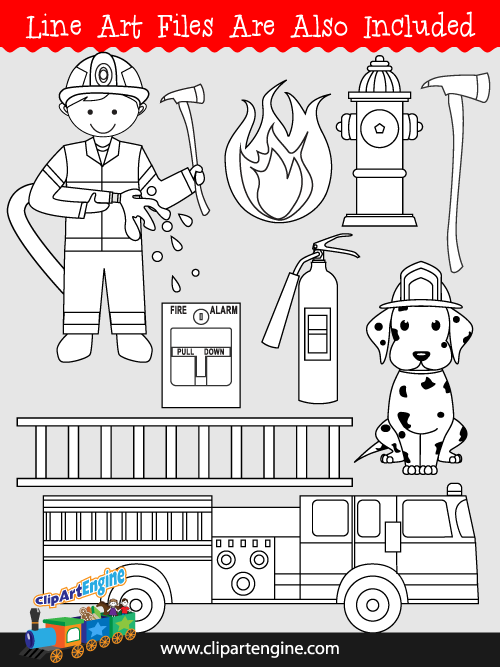 Black and white line art files are also included as part of this collection of firefighter clip art.