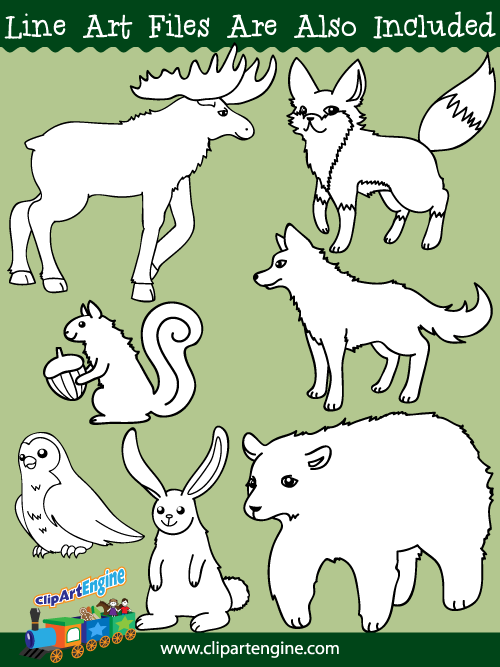 Black and white line art files are also included as part of this collection of forest animals clip art.