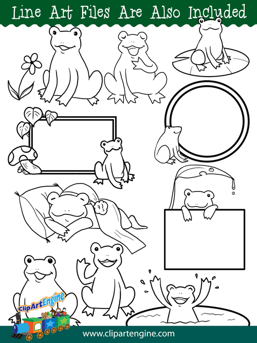 Black and white line art files are also included as part of this collection of frog clip art.