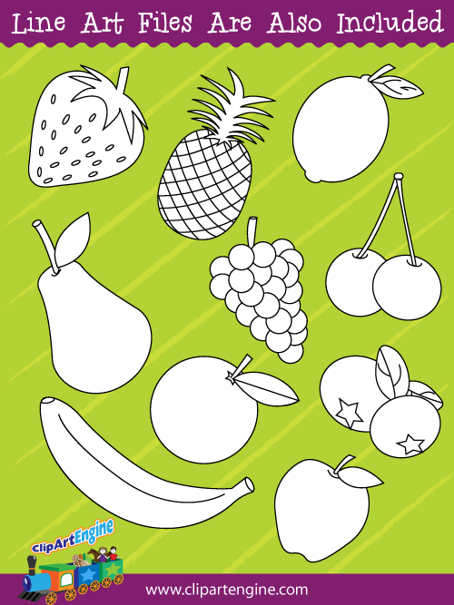Black and white line art files are also included as part of this collection of fruit clip art.