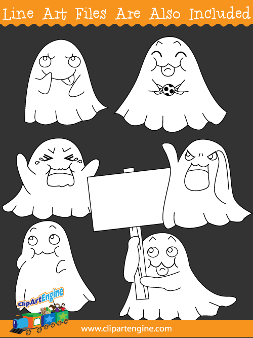 Black and white line art files are also included as part of this collection of ghost clip art.