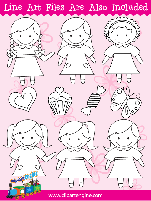 Black and white line art files are also included as part of this collection of girls clip art.