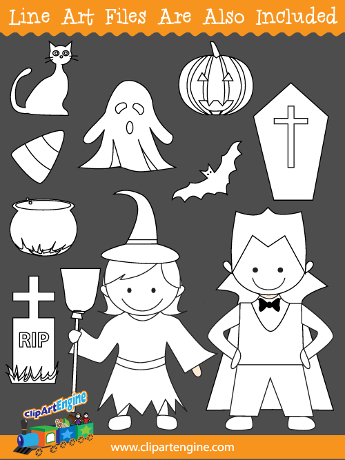 Black and white line art files are also included as part of this collection of Halloween clip art.