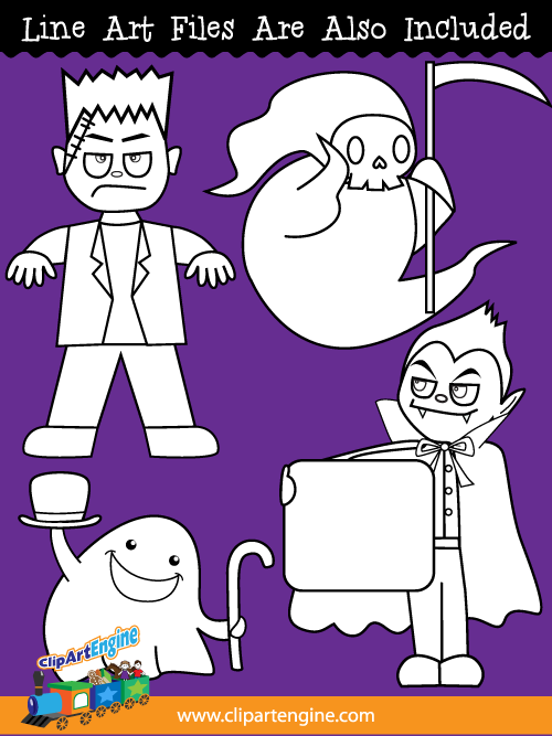 Black and white line art files are also included as part of this collection of Halloween monsters clip art.