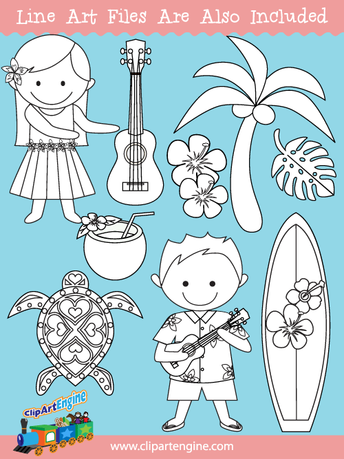 Black and white line art files are also included as part of this collection of Hawaii clip art.