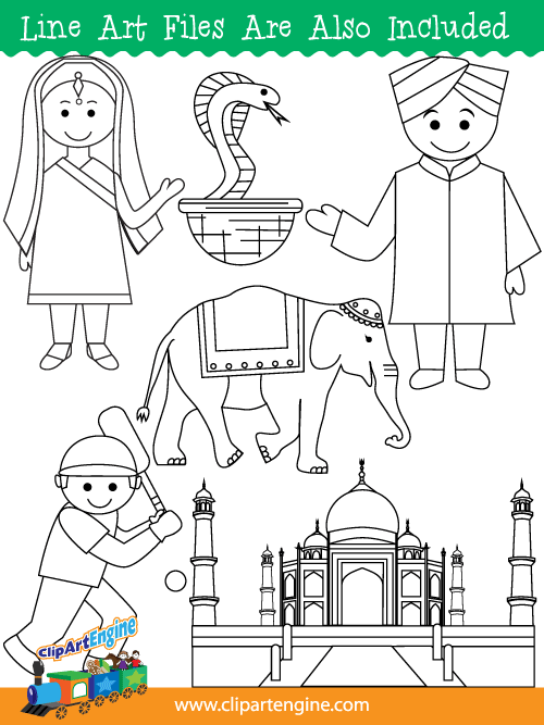 Black and white line art files are also included as part of this collection of India clip art.