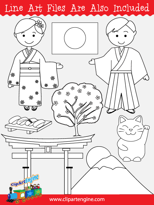 Black and white line art files are also included as part of this collection of Japan clip art.