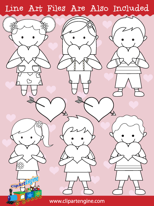 Black and white line art files are also included as part of this collection of kids and hearts clip art.
