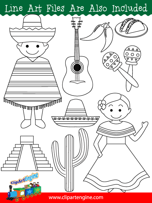 Black and white line art files are also included as part of this collection of Mexico clip art.