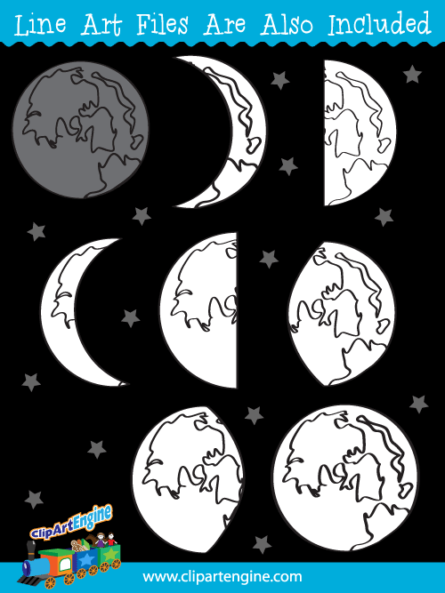 Black and white line art files are also included as part of this collection of moon phases clip art.