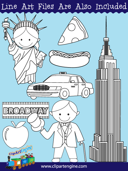 Black and white line art files are also included as part of this collection of New York City clip art.