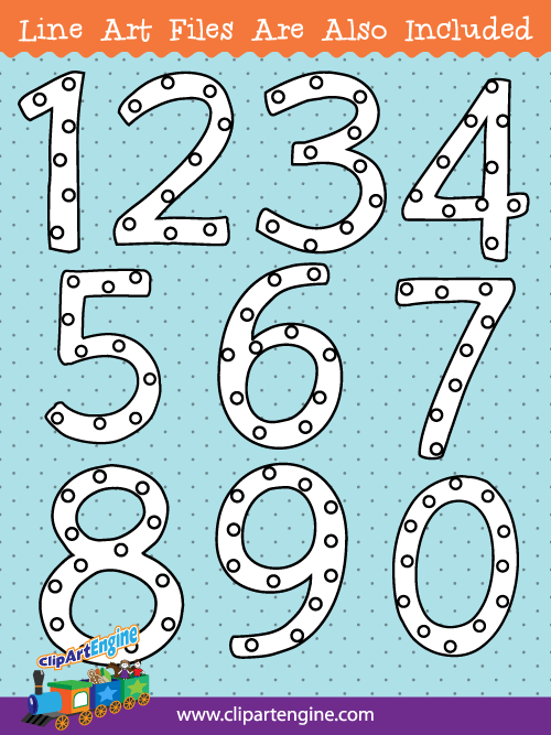 Black and white line art files are also included as part of this collection of numbers with polka dots clip art.
