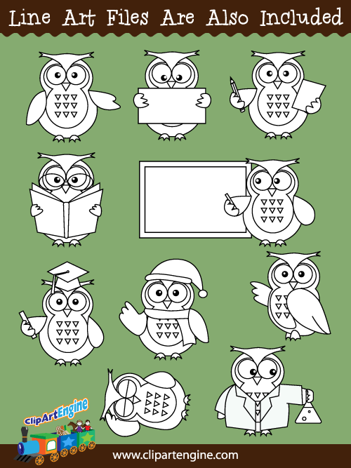 Black and white line art files are also included as part of this collection of owl clip art.