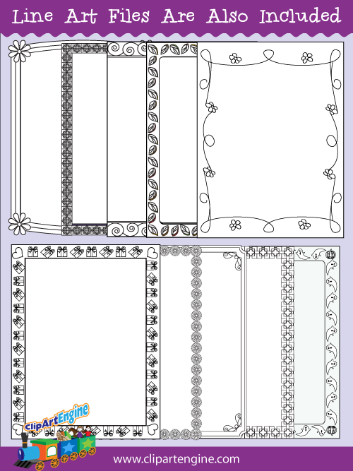 Black and white line art files are also included as part of this collection of page borders.