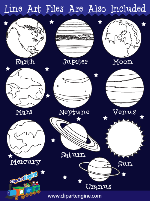 Black and white line art files are also included as part of this collection of planets clip art.