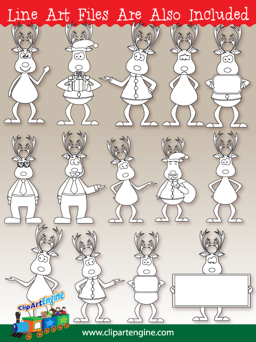 Black and white line art files are also included as part of this collection of reindeer clip art.