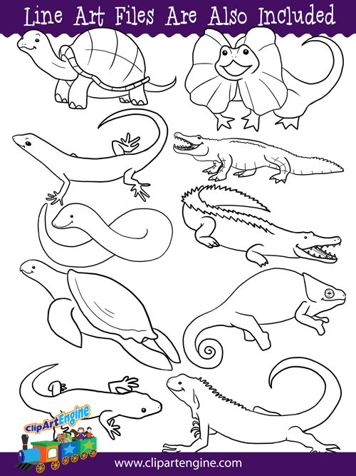 Black and white line art files are also included as part of this collection of reptiles clip art.