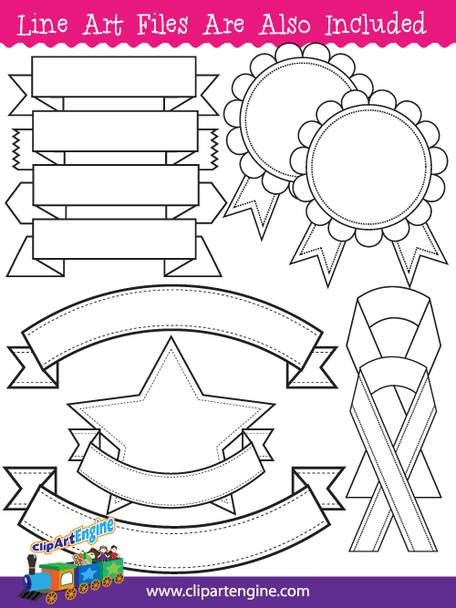 Black and white line art files are also included as part of this collection of ribbons and badges clip art.