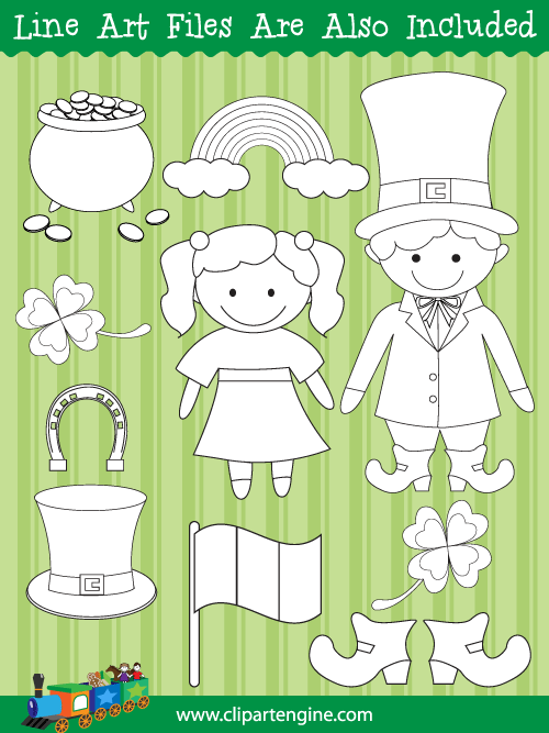 Black and white line art files are also included as part of this collection of Saint Patrick's Day clip art.