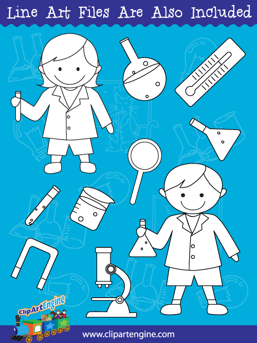 Black and white line art files are also included as part of this collection of science clip art.