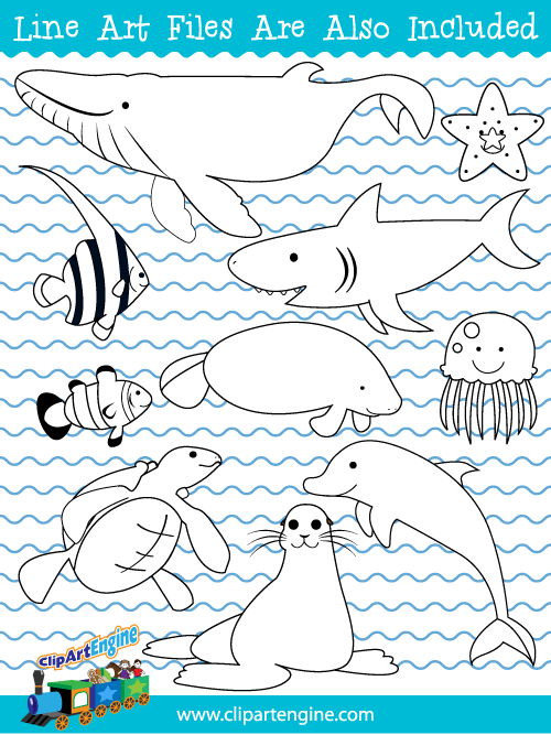 Black and white line art files are also included as part of this collection of sea creatures clip art.